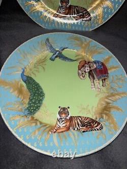 Williams Sonoma Raj Thai Blue Green Dinner Plates Set Of 4 Tiger Elephant RARE