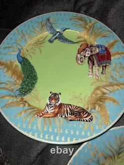 Williams Sonoma Raj Thai Blue Green Dinner Plates Set Of 4 Tiger Elephant RARE