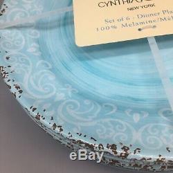 X6 Cynthia Rowley Aqua Blue MELAMINE Dinner Plate Set Rustic Medallion Print NEW