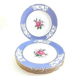 (six) Spode Maritime Blue Dinner Plates Embossed Hand Painted Roses Gorgeous