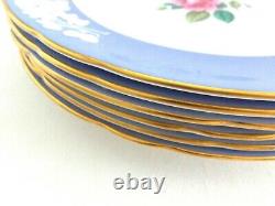 (six) Spode Maritime Blue Dinner Plates Embossed Hand Painted Roses Gorgeous